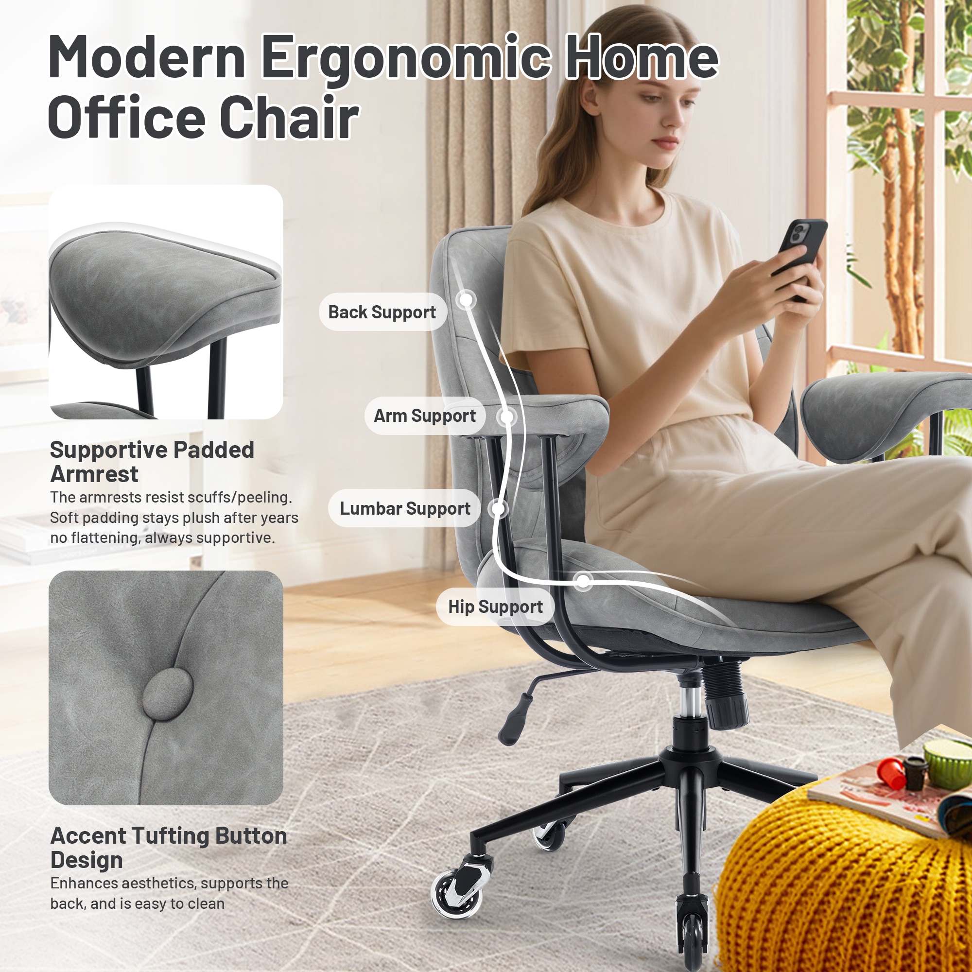 Retro Leather Office Chair With Lumbar Support And Rolling Wheels_voghion.com